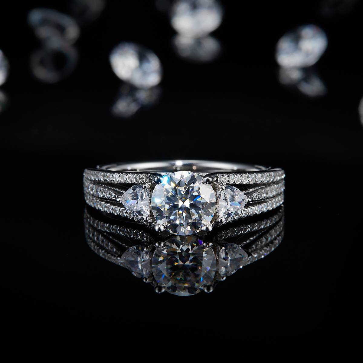 Three Stone Women's Ring S925 Silver Plated Platinum Customized Selection Main Stone Moissanite Diamond 1.0ct/Secondary Stone High Carbon Diamond