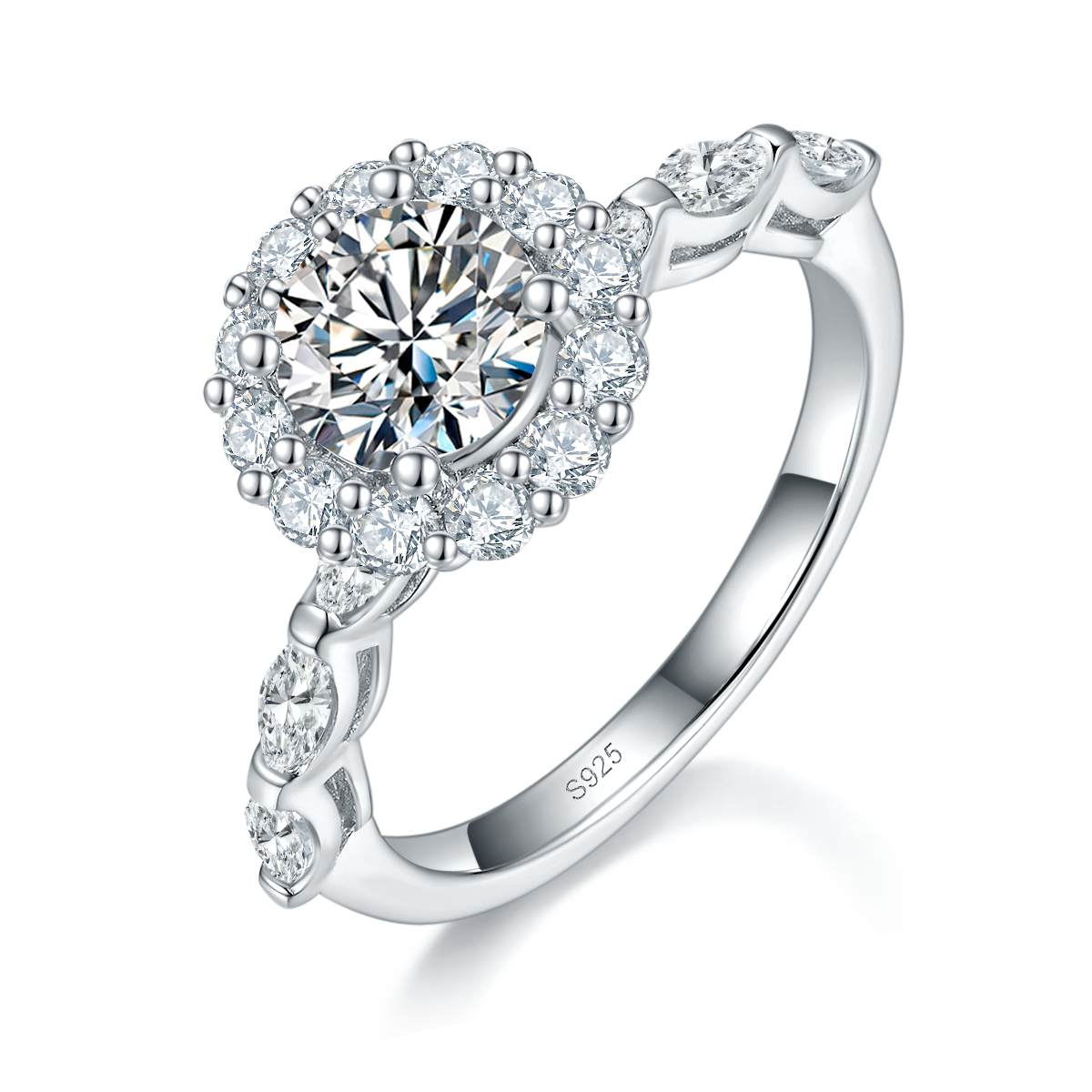 微镶圆包女戒S925银镀白金女戒定制选款主石莫桑钻1.0ct/副石高碳钻