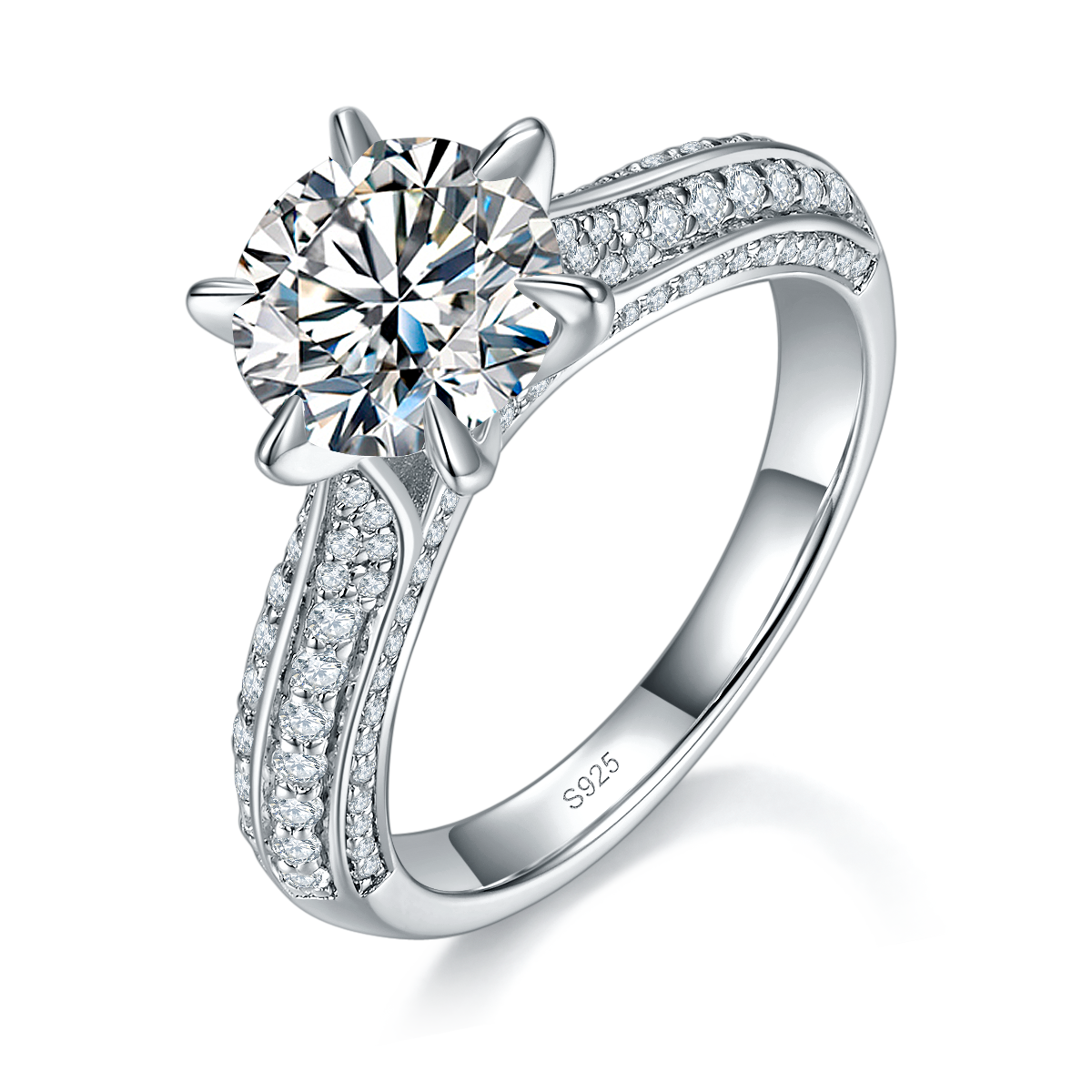 倾心六爪女戒S925银镀白金女戒定制选款主石莫桑钻2.0ct/副石高碳钻
