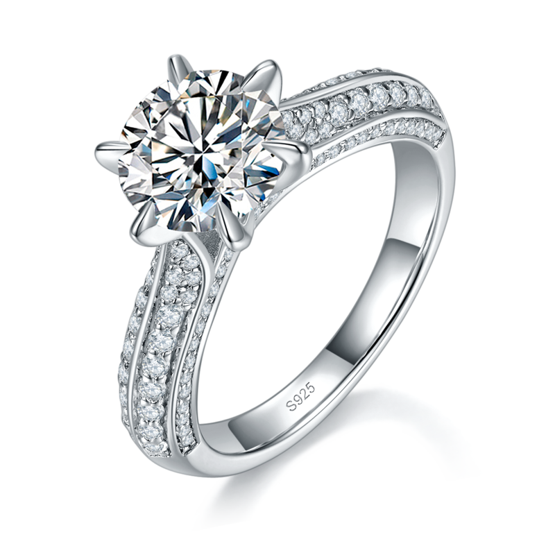 倾心六爪女戒S925银镀白金女戒定制选款主石莫桑钻2.0ct/副石高碳钻