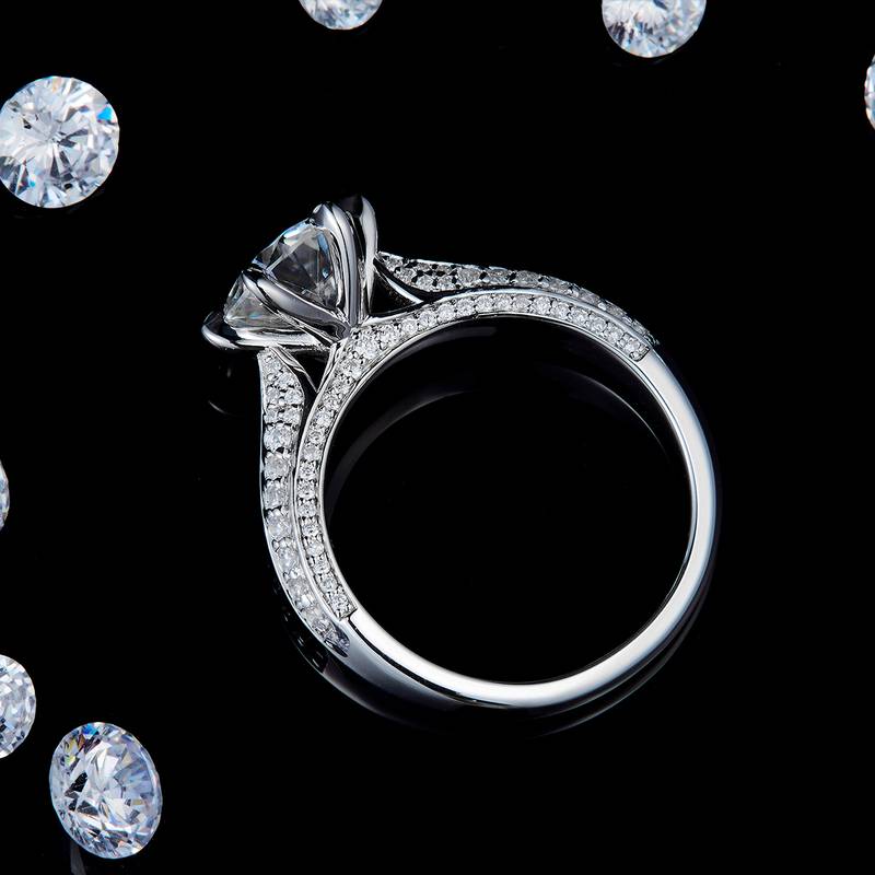 倾心六爪女戒S925银镀白金女戒定制选款主石莫桑钻2.0ct/副石高碳钻