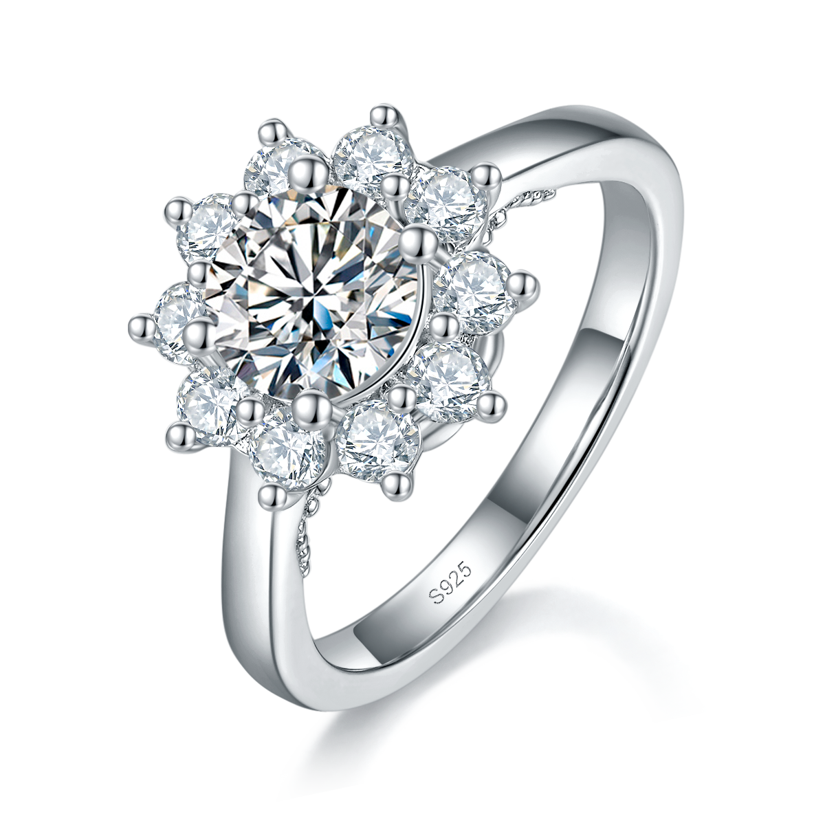 太阳花女戒S925银镀白金定制选款主石莫桑钻1.0ct/副石高碳钻