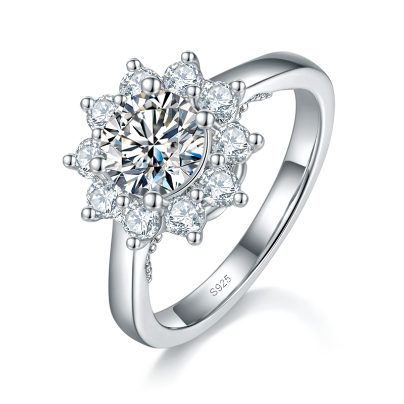 太阳花女戒S925银镀白金定制选款主石莫桑钻1.0ct/副石高碳钻