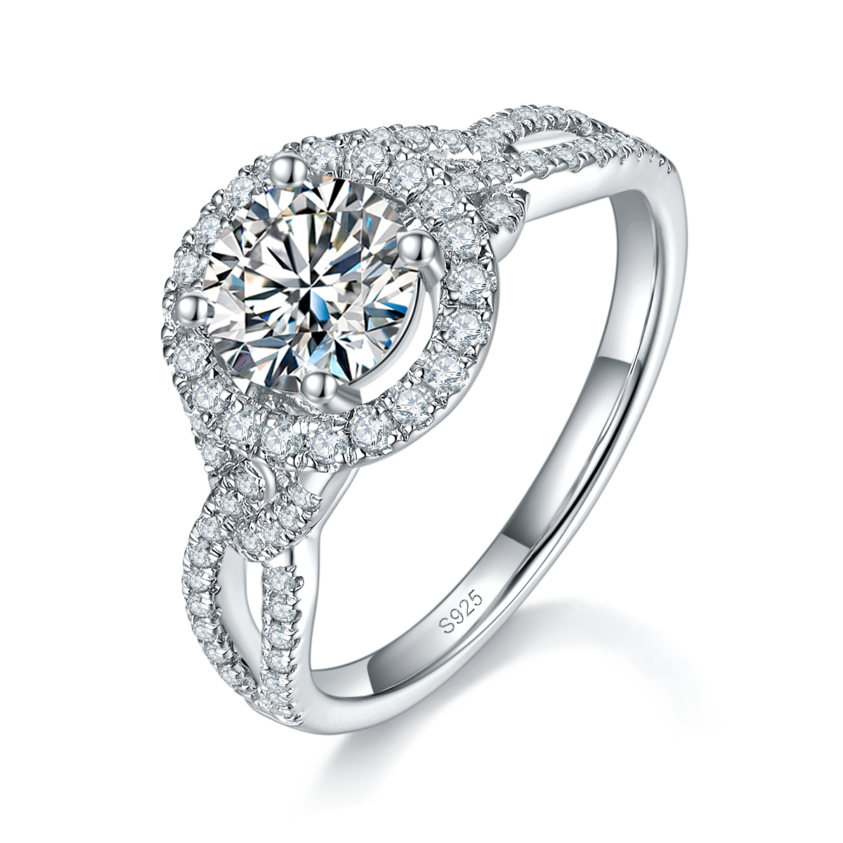豪华围镶女戒S925银镀白金定制选款主石莫桑钻1.0ct/副石高碳钻