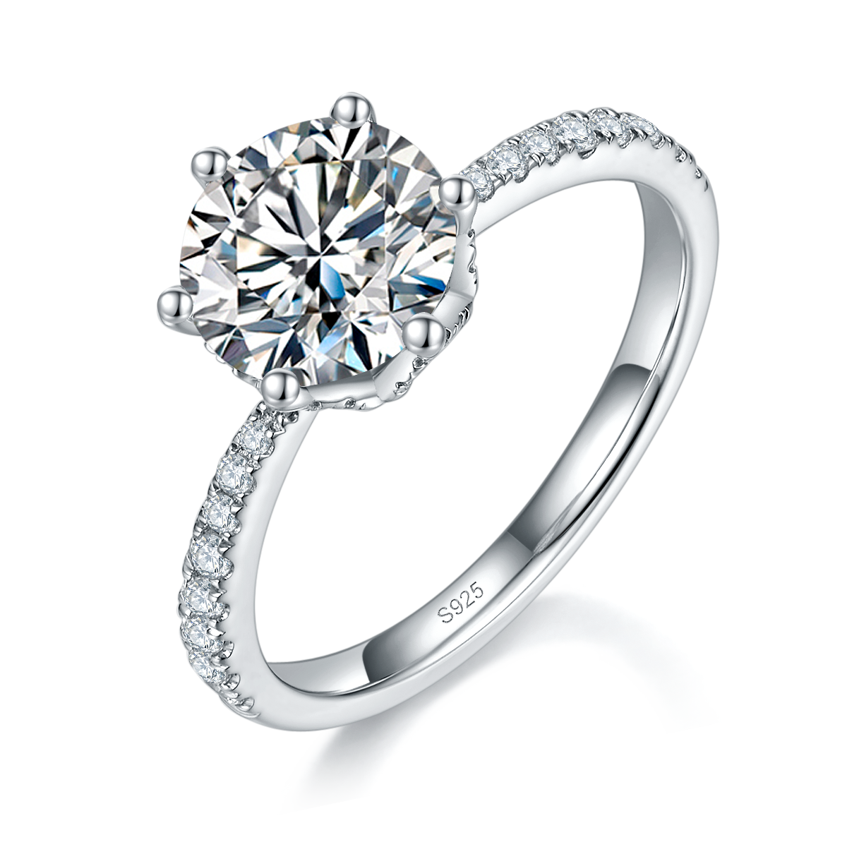 轻奢冷淡风高级六爪女戒S925银镀白金定制选款主石莫桑钻2.0ct/副石高碳钻