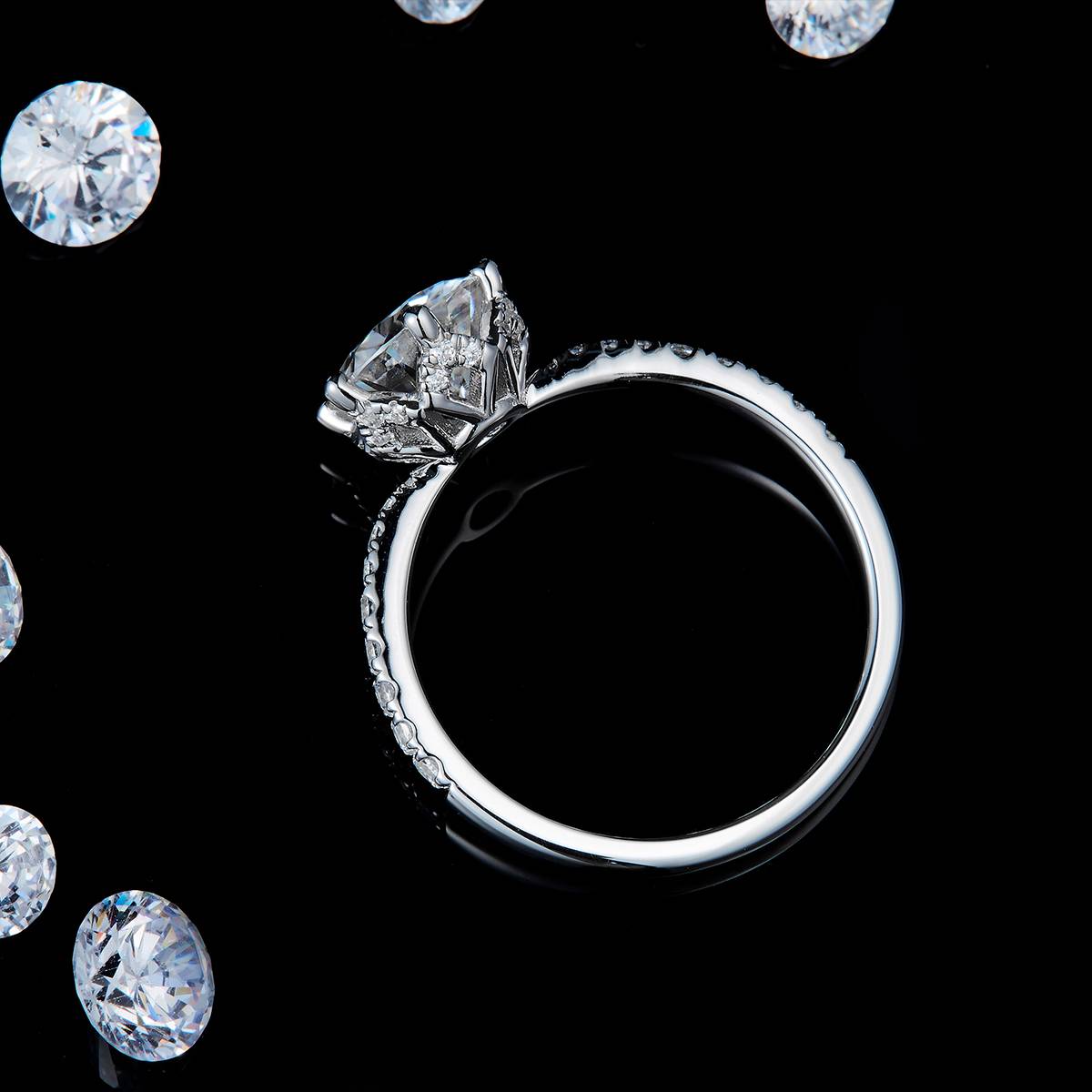 轻奢冷淡风高级六爪女戒S925银镀白金定制选款主石莫桑钻2.0ct/副石高碳钻