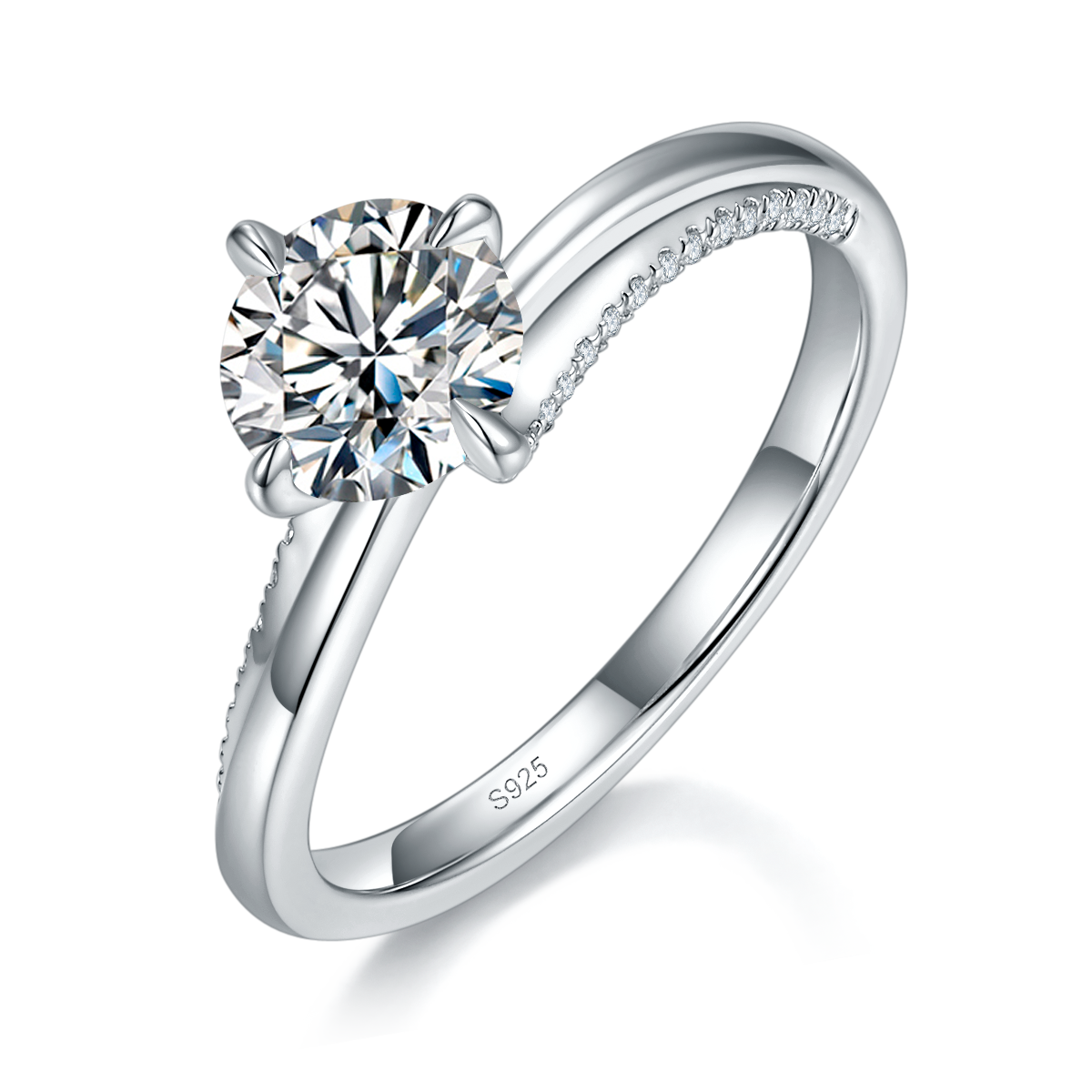 Minimalist and stylish four claw women's ring S925 silver plated platinum custom selection with Moissanite 1.0ct/Side Stone Cubic Zirconia as the main stone