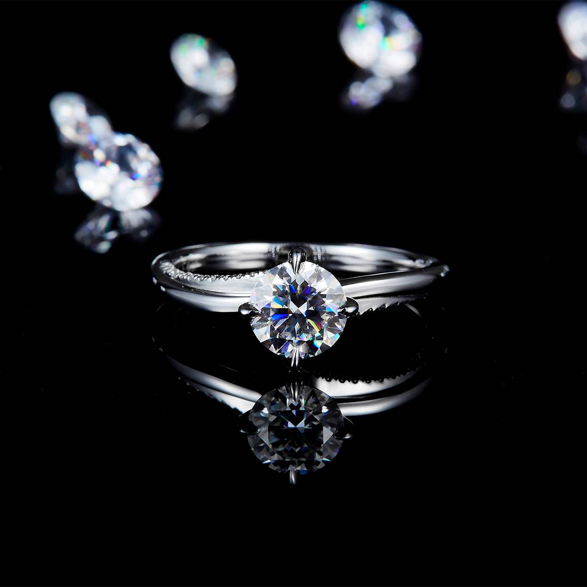 Minimalist and stylish four claw women's ring S925 silver plated platinum custom selection with Moissanite 1.0ct/Side Stone Cubic Zirconia as the main stone
