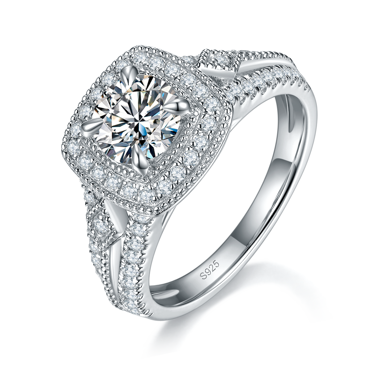 豪镶方包女戒S925银镀白金定制选款主石莫桑钻1.0ct/副石高碳钻