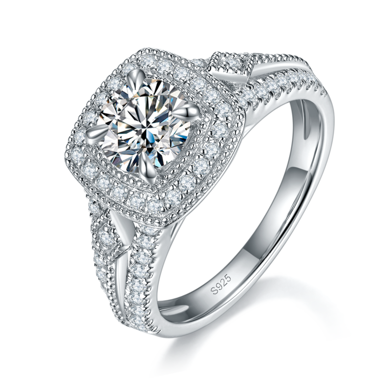 豪镶方包Women's RingS925银镀白金定制选款主石Moissanite1.0ct/副石高碳钻