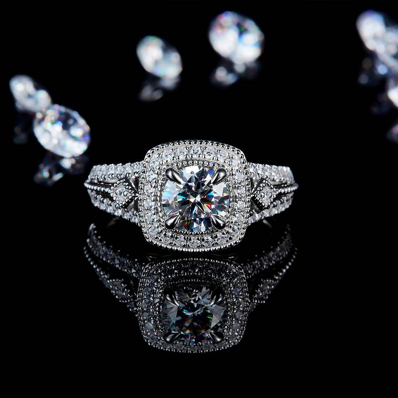 豪镶方包Women's RingS925银镀白金定制选款主石Moissanite1.0ct/副石高碳钻