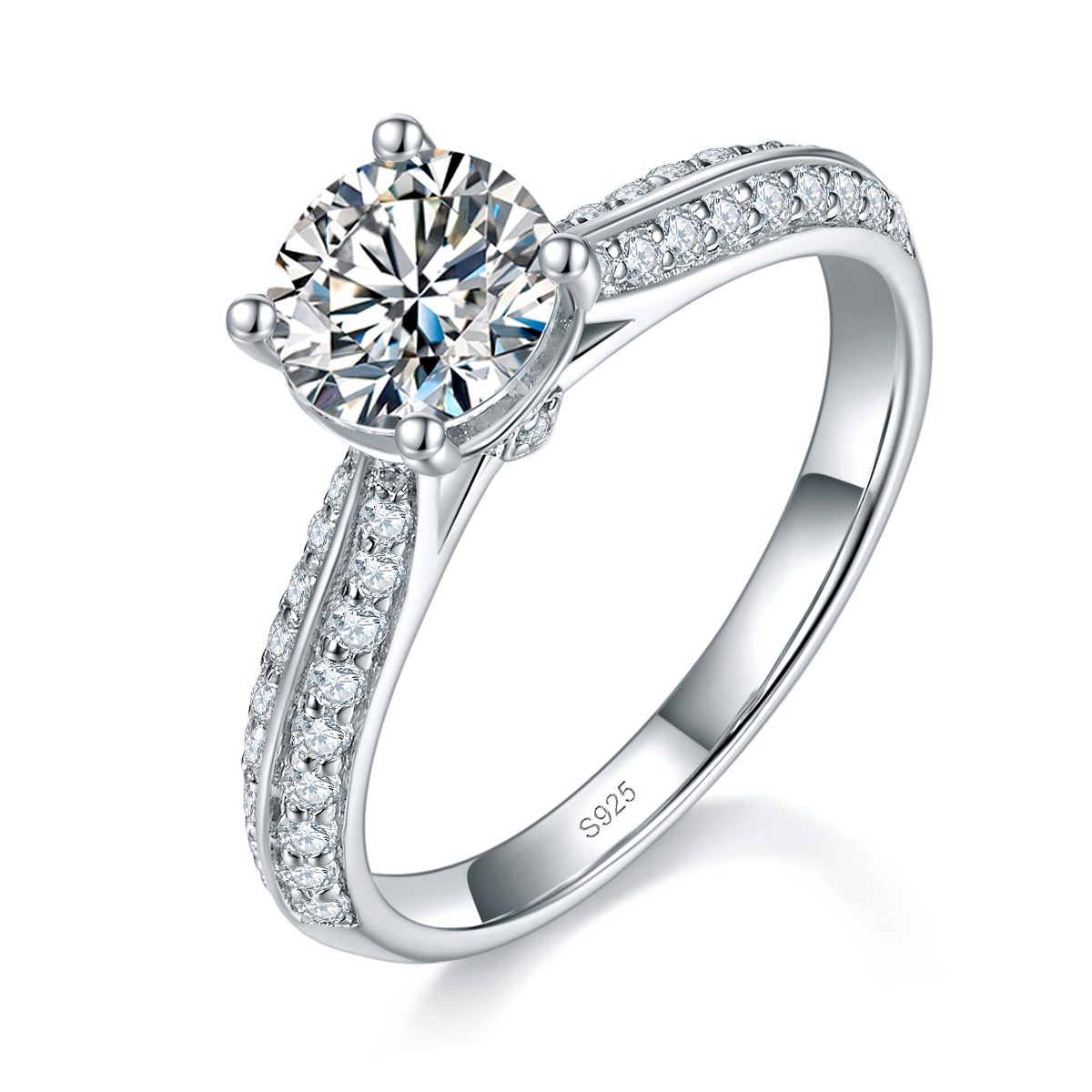 Light Luxury Simple Classic Four Claw Women's Ring S925 Silver Plated Platinum Customized Selection Main Stone Moissanite 1.0ct/Side Stone Cubic Zirconia