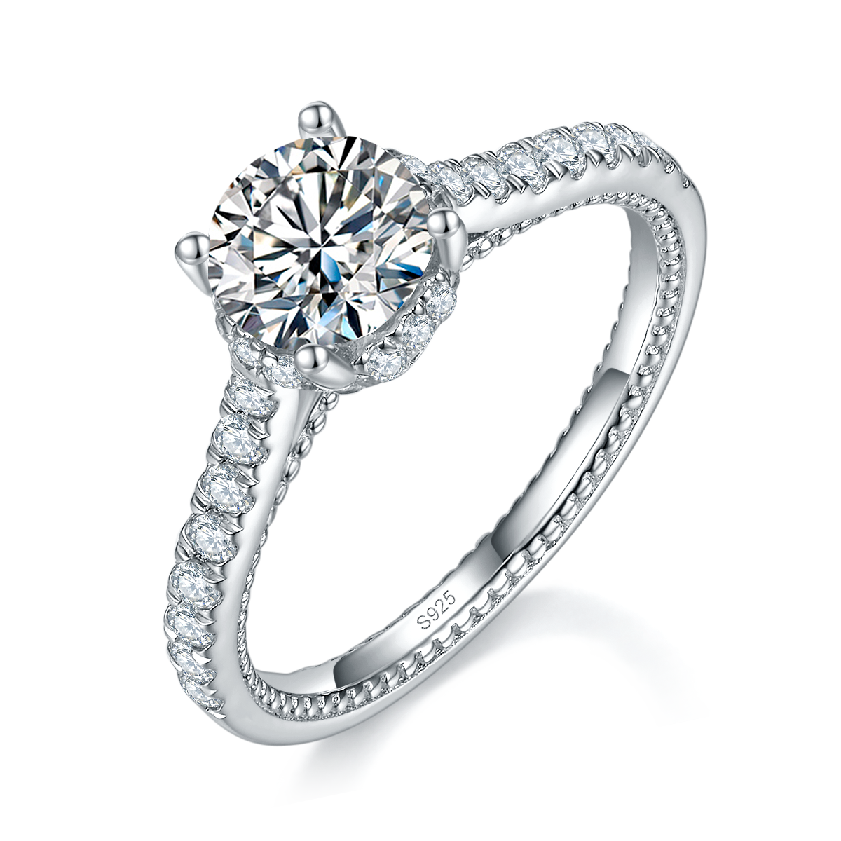 Classic Starlight Four Claw Women's Ring S925 Silver Plated Platinum Customized Selection Main Stone Moissanite 1.0ct/Side Stone Cubic Zirconia