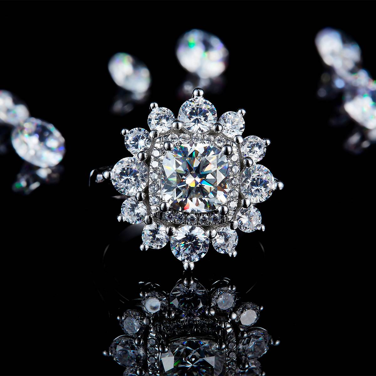 Luxury Proposal Flower shaped Women's Ring S925 Silver Plated Platinum Customized Selection Main Stone Moissanite 2.0ct/Side Stone Cubic Zirconia