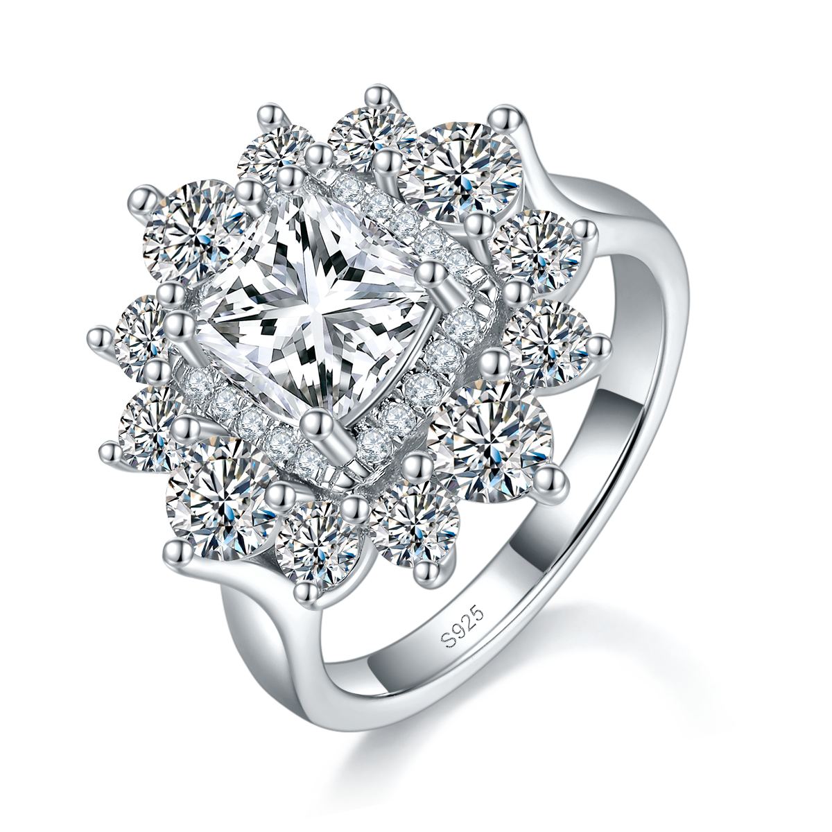 Luxury Proposal Flower shaped Women's Ring S925 Silver Plated Platinum Customized Selection Main Stone Moissanite 2.0ct/Side Stone Cubic Zirconia