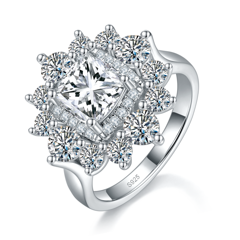 豪华求婚花形Women's RingS925银镀白金定制选款主石Moissanite2.0ct/副石高碳钻