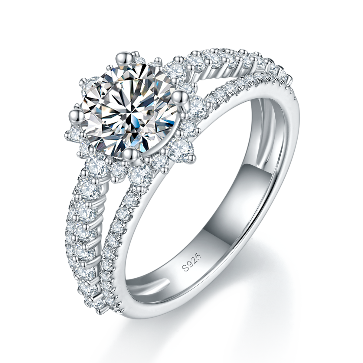 Three Row Full Diamond Four Claw Women's Ring S925 Silver Plated Platinum Customized Selection Main Stone Moissanite 1.2ct/Side Stone Cubic Zirconia