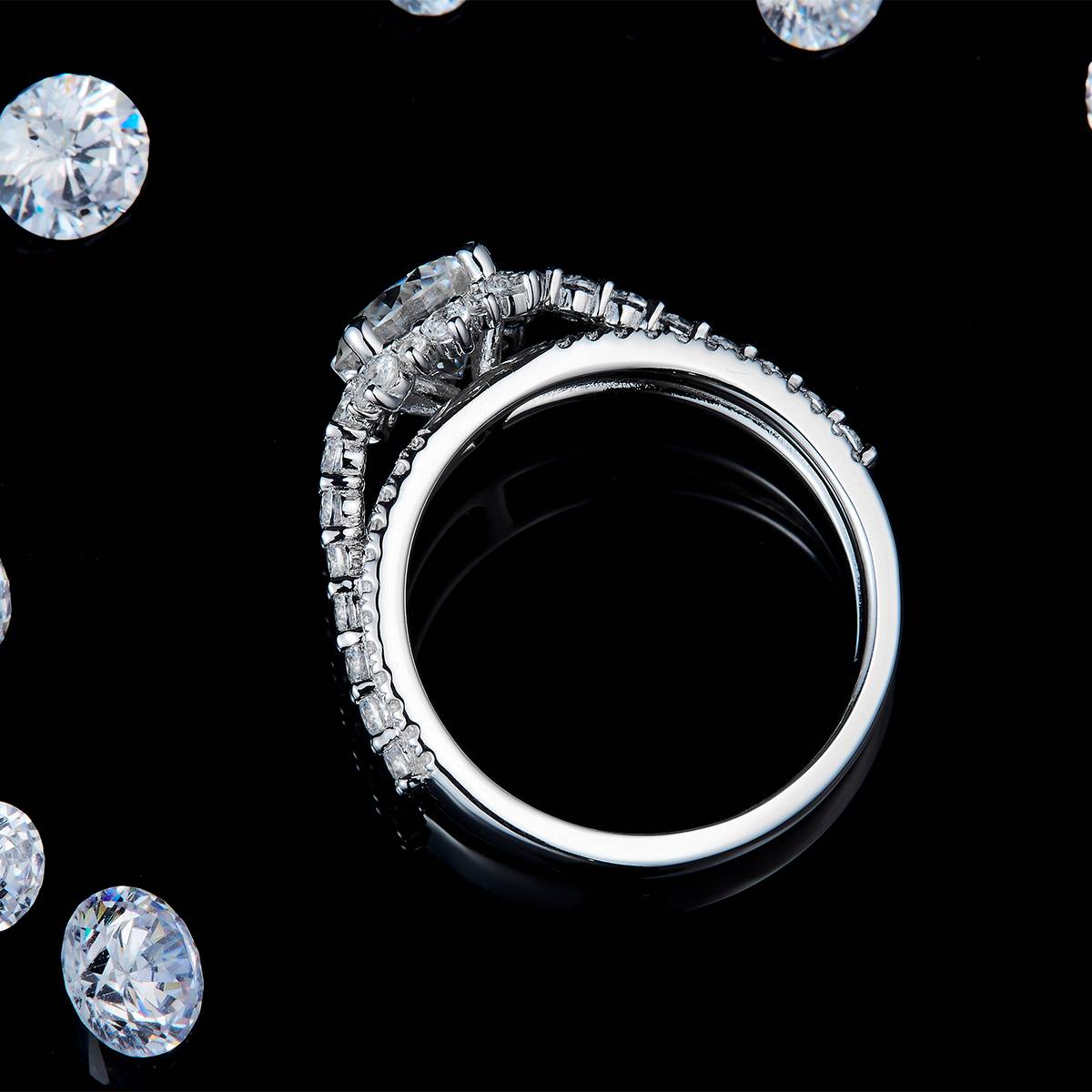 Three Row Full Diamond Four Claw Women's Ring S925 Silver Plated Platinum Customized Selection Main Stone Moissanite 1.2ct/Side Stone Cubic Zirconia