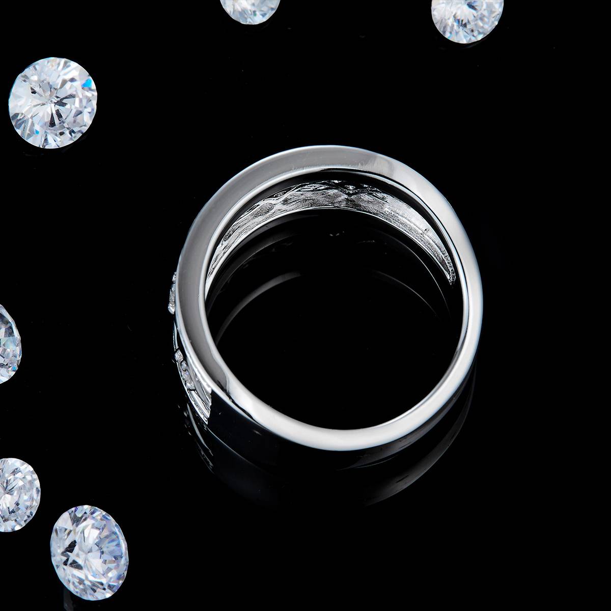 镂空四方满镶女戒S925银镀白金定制选款副石莫桑钻0.4ct