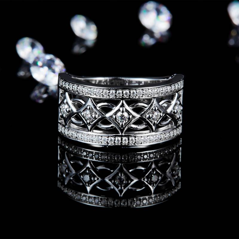 镂空四方满镶Women's RingS925银镀白金定制选款副石Moissanite0.4ct