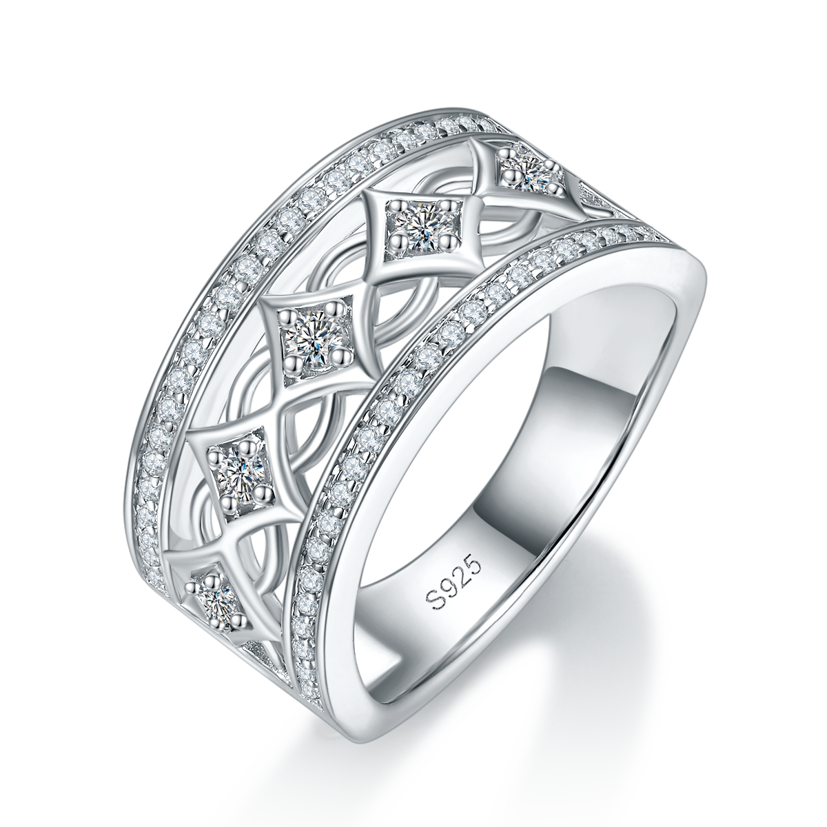镂空四方满镶女戒S925银镀白金定制选款副石莫桑钻0.4ct