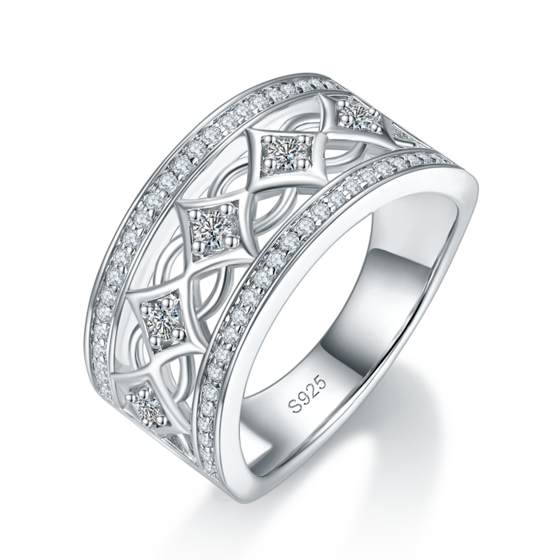 镂空四方满镶Women's RingS925银镀白金定制选款副石Moissanite0.4ct