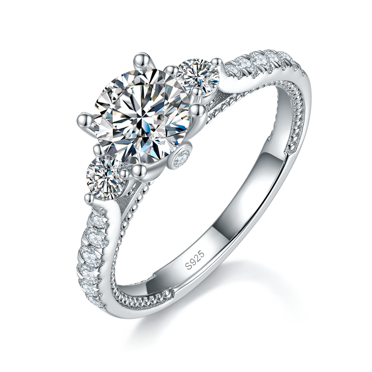 Three Stone Round Diamond Four Claw Women's Ring S925 Silver Plated Platinum Customized Selection Main Stone Moissanite 1.0ct/Side Stone Cubic Zirconia