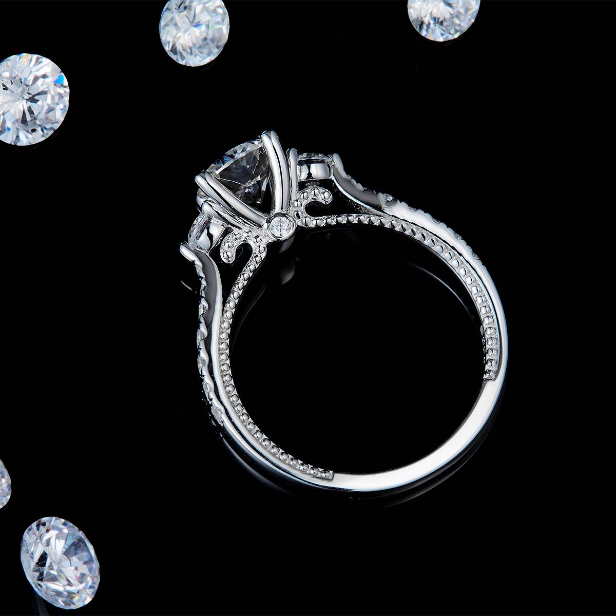 Three Stone Round Diamond Four Claw Women's Ring S925 Silver Plated Platinum Customized Selection Main Stone Moissanite 1.0ct/Side Stone Cubic Zirconia