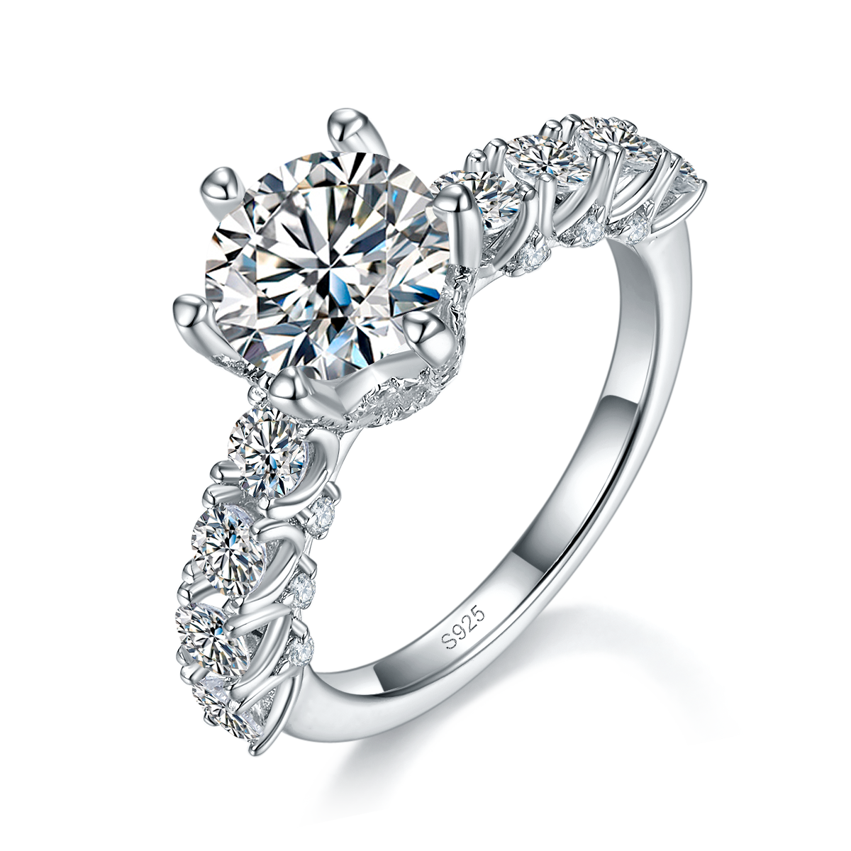 满钻豪华六爪女戒S925银镀白金定制选款主石莫桑钻2.0ct/副石高碳钻