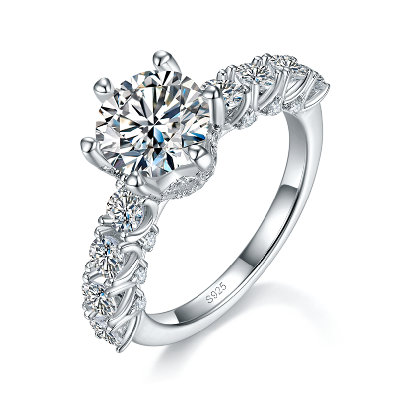 满钻豪华六爪Women's RingS925银镀白金定制选款主石Moissanite2.0ct/副石高碳钻