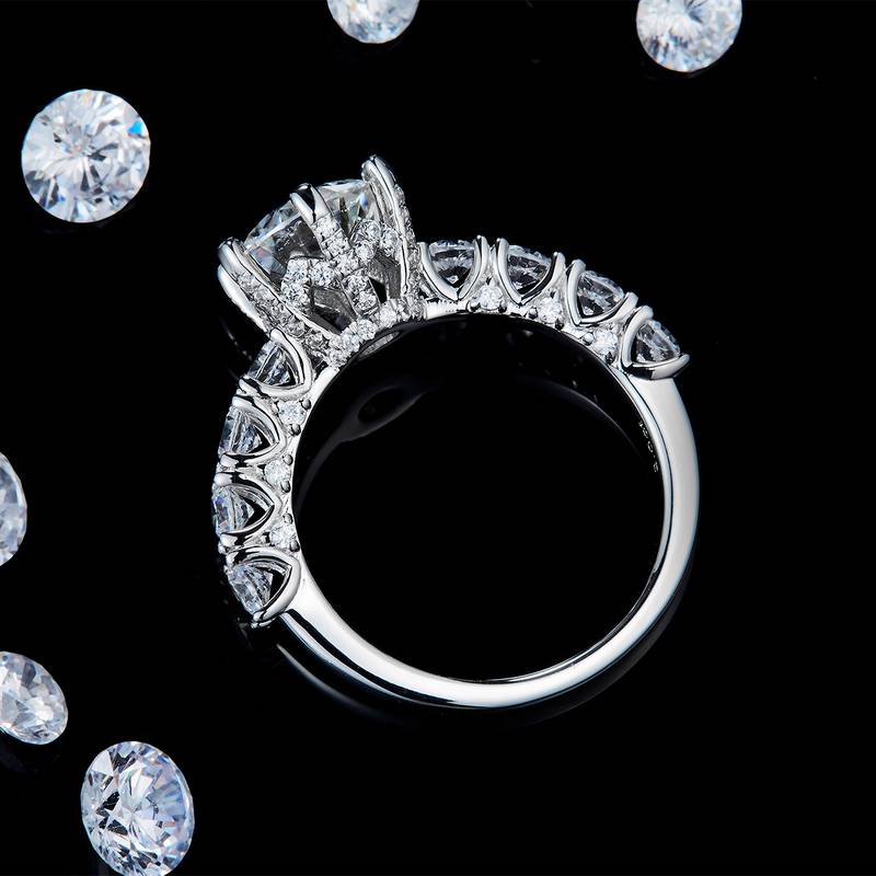 满钻豪华六爪Women's RingS925银镀白金定制选款主石Moissanite2.0ct/副石高碳钻