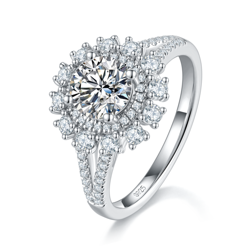 双臂太阳花Women's RingS925银镀白金定制选款主石Moissanite1.0ct/副石高碳钻