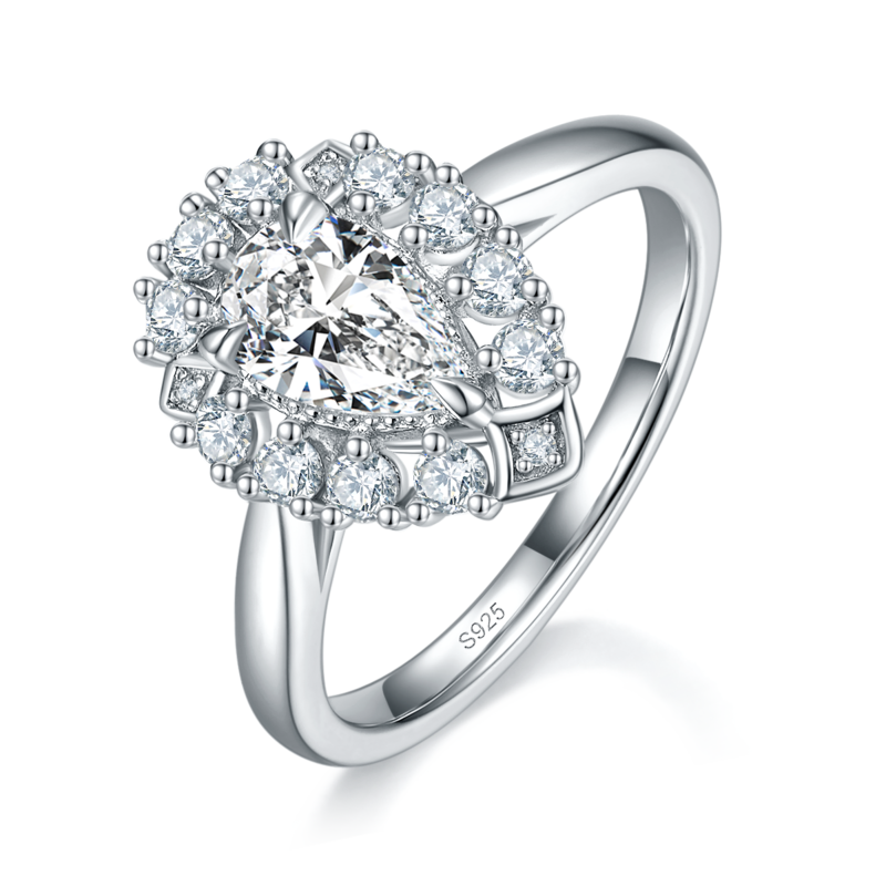 豪华水滴Women's RingS925银镀白金定制选款主石Moissanite1.0ct/副石高碳钻