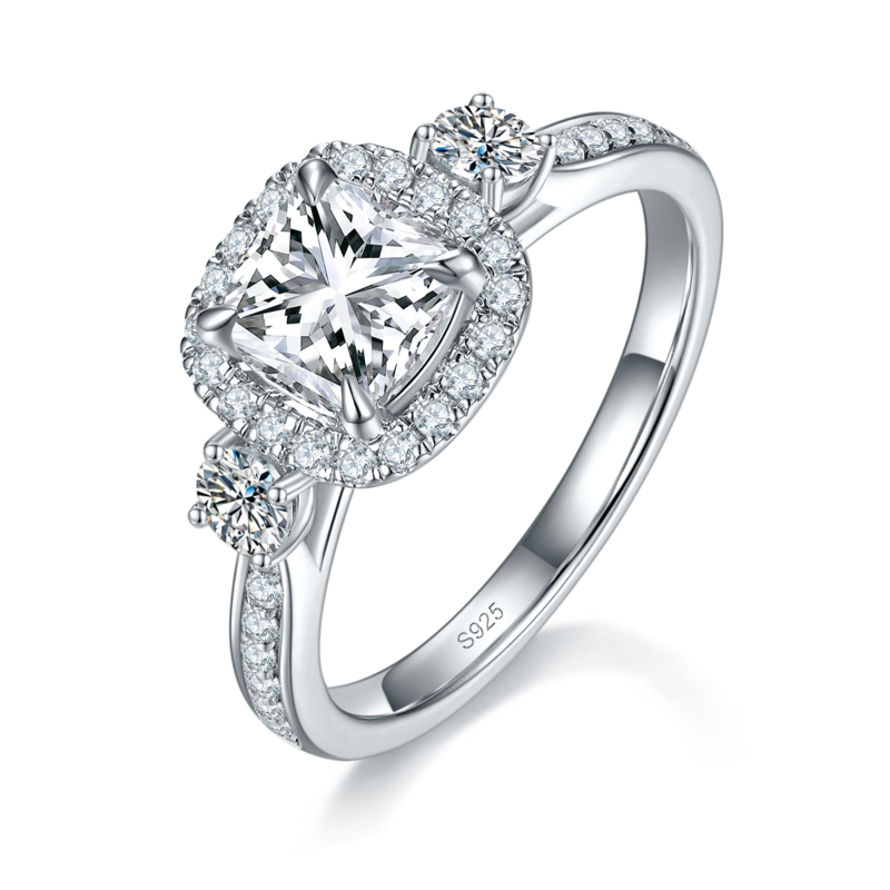 枕形钻圆包Women's RingS925银镀白金定制选款主石Moissanite1.0ct/副石高碳钻