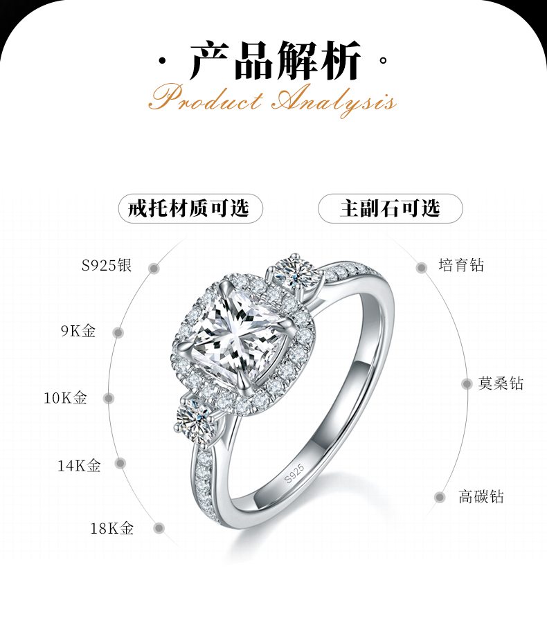 枕形钻圆包女戒S925银镀白金定制选款主石莫桑钻1.0ct/副石高碳钻 - 2