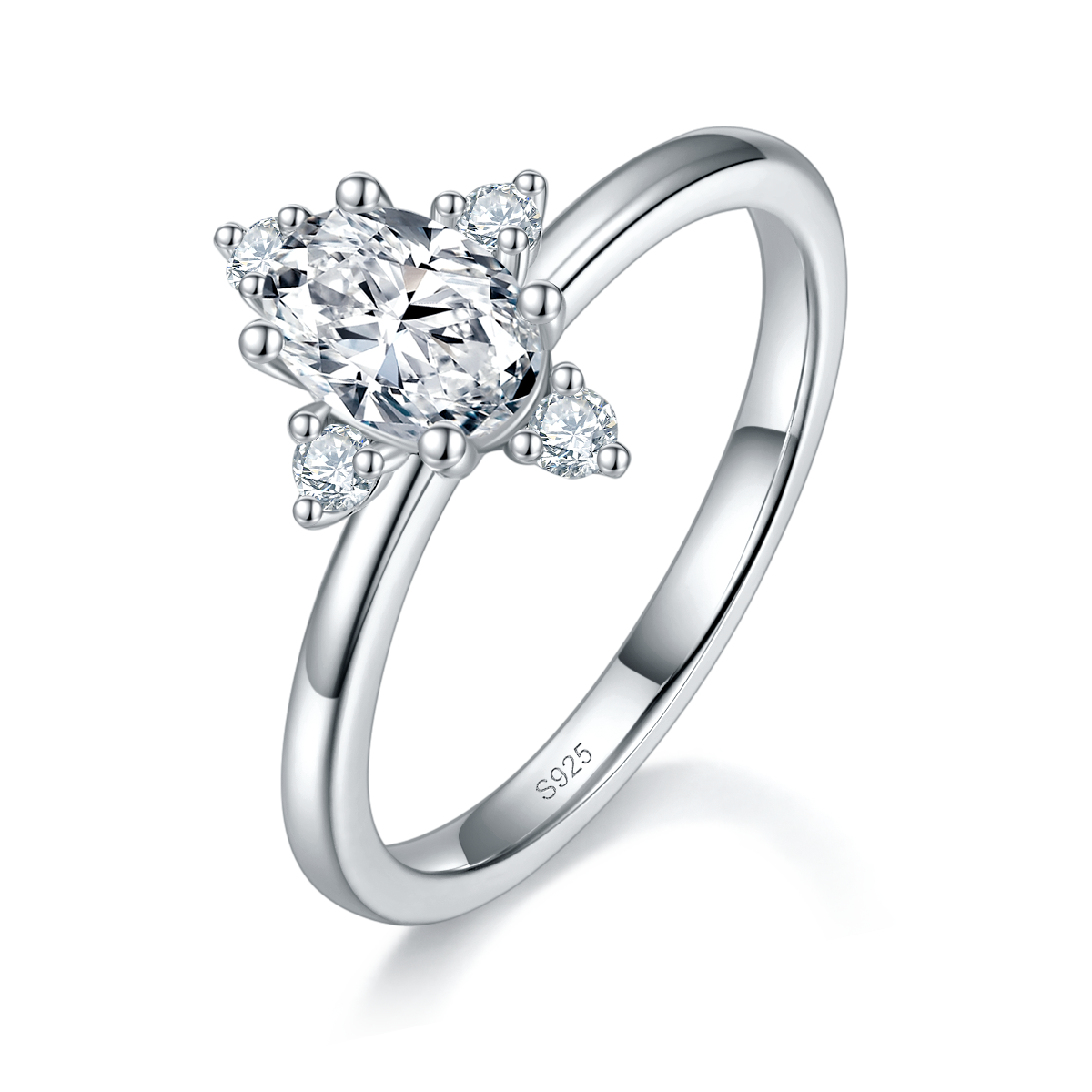 时尚简约蛋形女戒S925银镀白金定制选款主石莫桑钻1.0ct/副石高碳钻