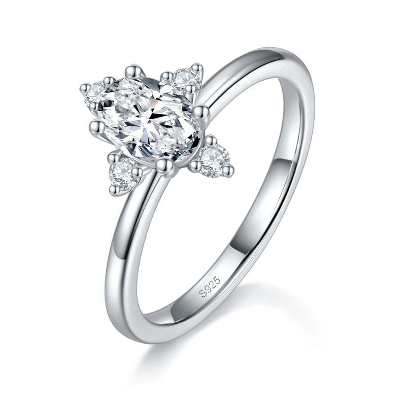 时尚简约蛋形女戒S925银镀白金定制选款主石莫桑钻1.0ct/副石高碳钻