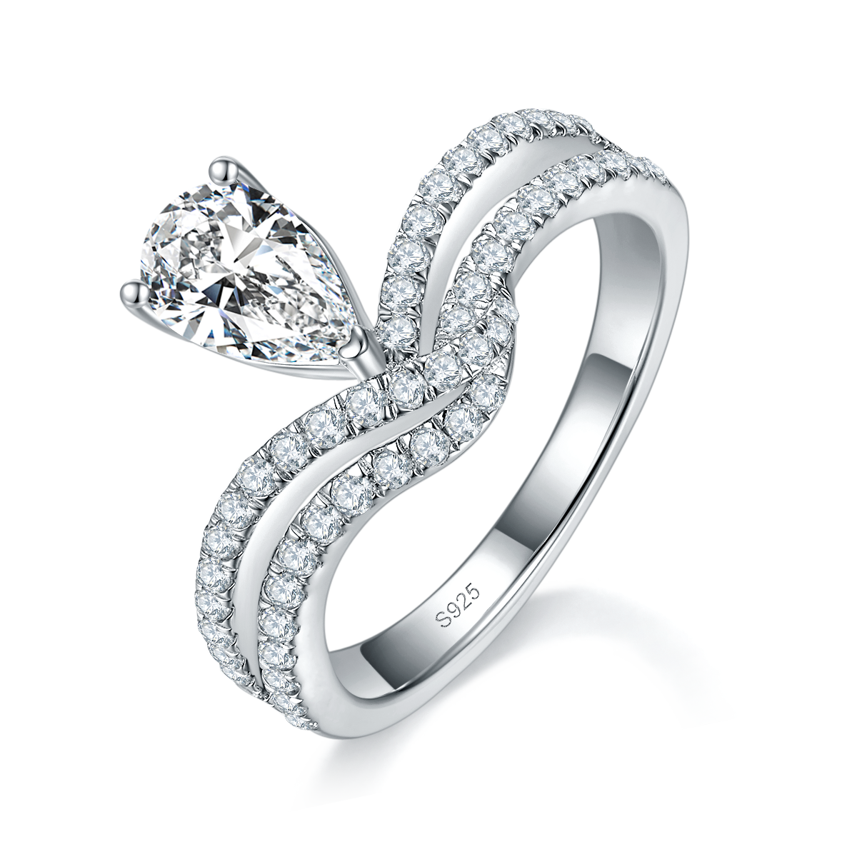 V字水滴女戒S925银镀白金定制选款主石莫桑钻1.0ct/副石高碳钻