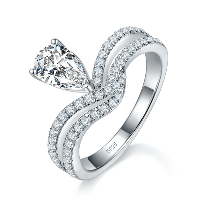 V字水滴Women's RingS925银镀白金定制选款主石Moissanite1.0ct/副石高碳钻