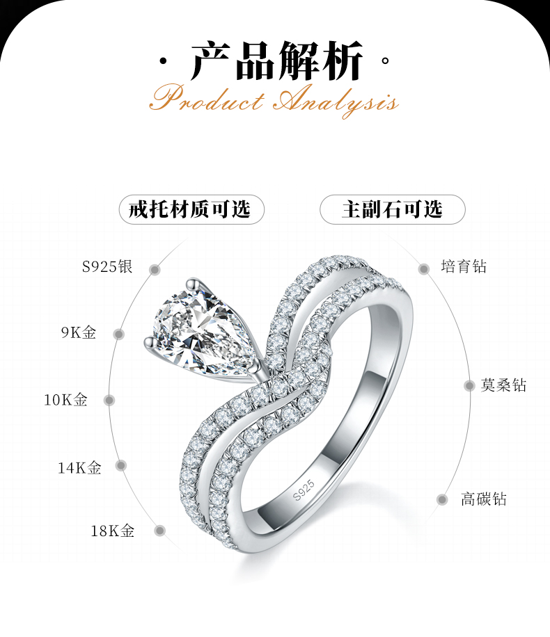 V字水滴女戒S925银镀白金定制选款主石莫桑钻1.0ct/副石高碳钻 - 2