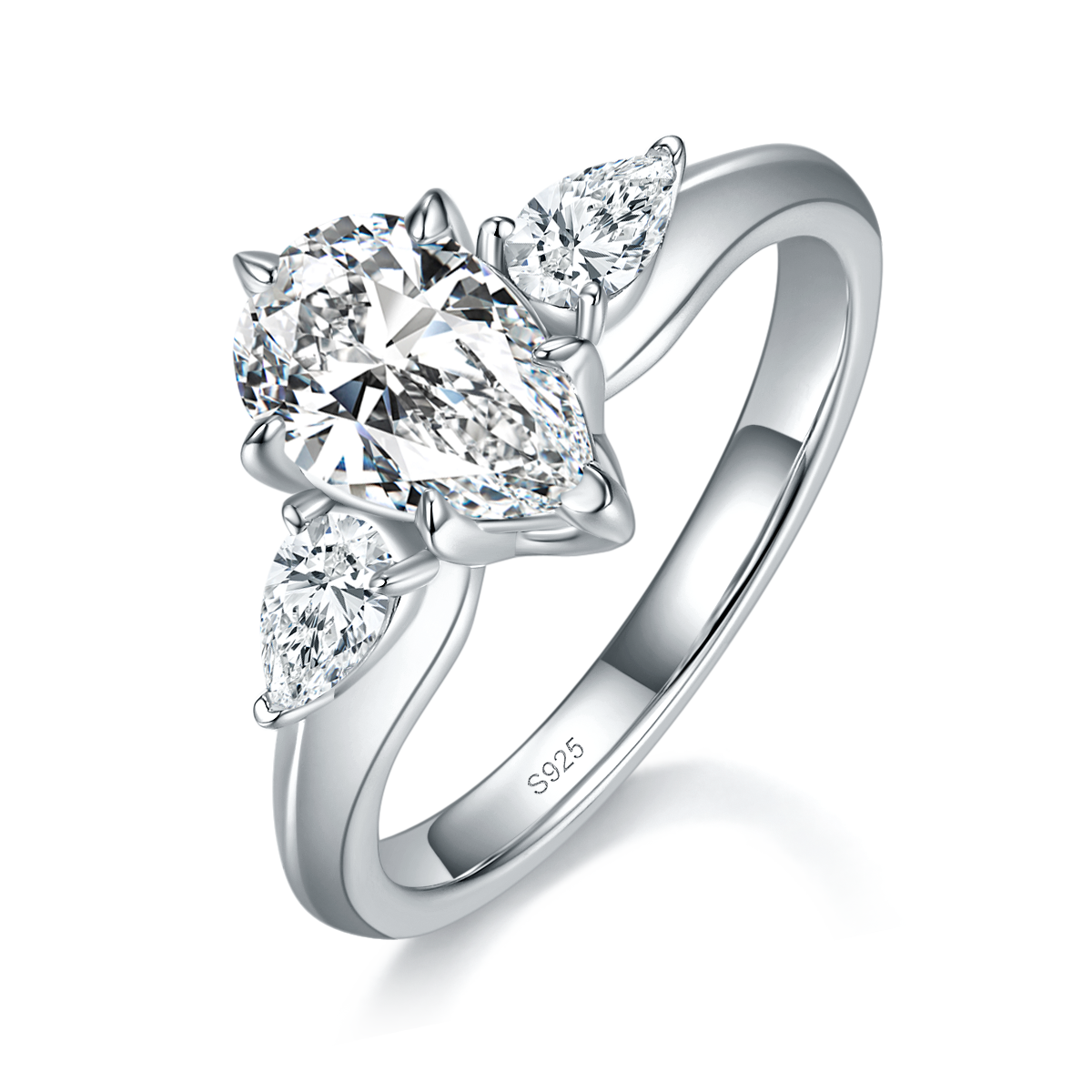 Three Stone Pear Women's Ring S925 Silver Plated Platinum Customized Selection Main Stone Moissanite 1.5ct/Side Stone Cubic Zirconia