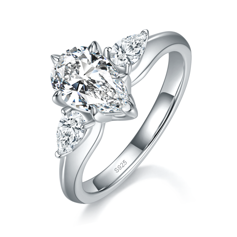 三石款水滴Women's RingS925银镀白金定制选款主石Moissanite1.5ct/副石高碳钻