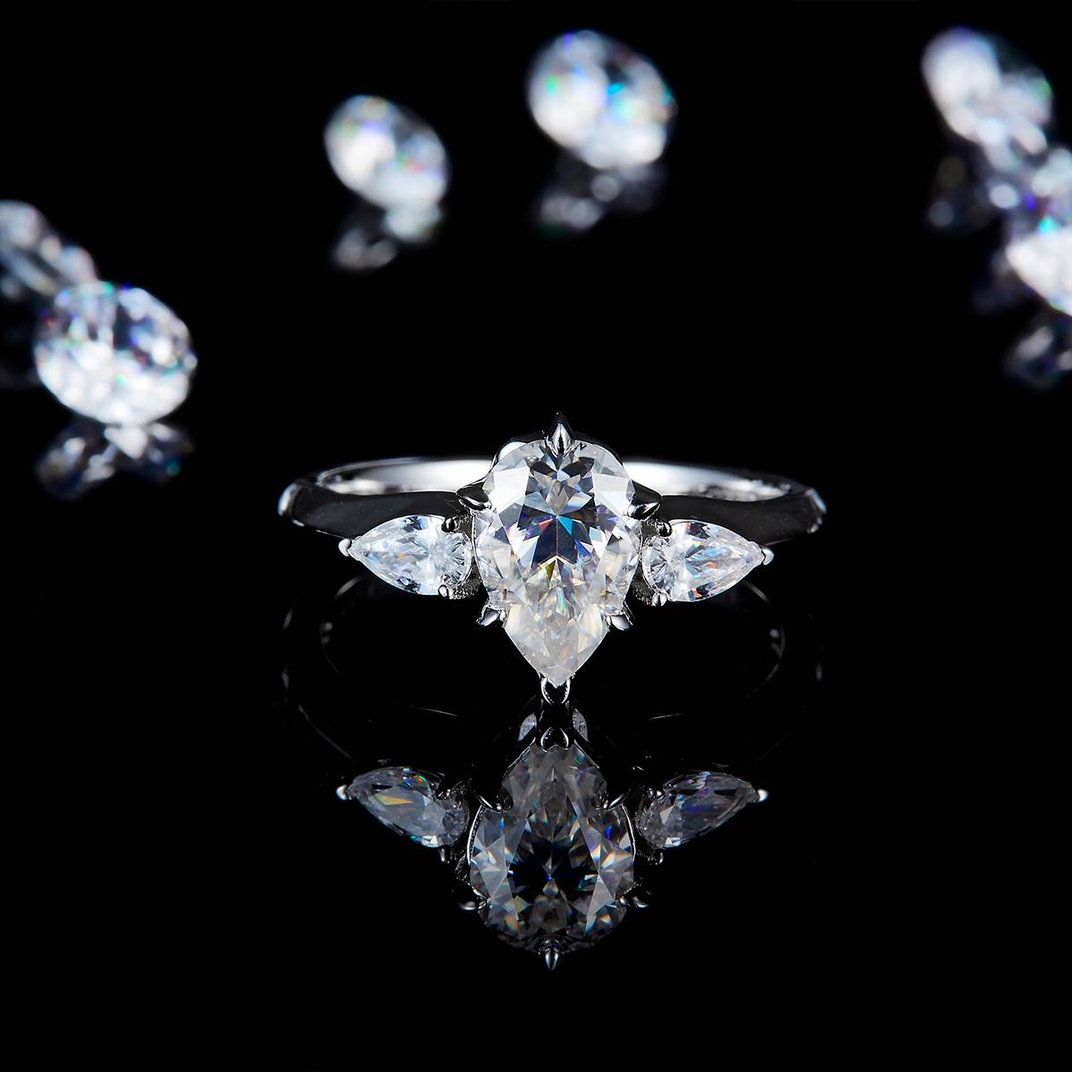 Three Stone Pear Women's Ring S925 Silver Plated Platinum Customized Selection Main Stone Moissanite 1.5ct/Side Stone Cubic Zirconia