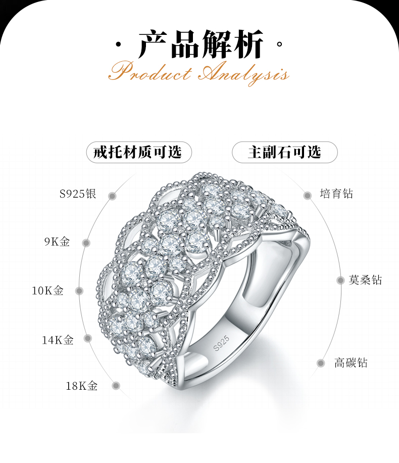豪华半圈排戒S925银镀白金定制选款副石莫桑钻0.6ct - 2