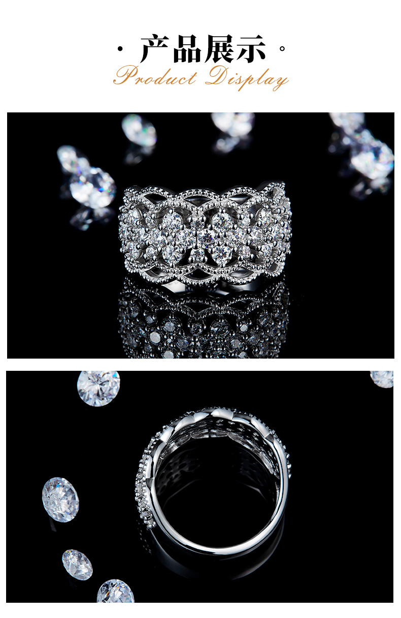 豪华半圈排戒S925银镀白金定制选款副石莫桑钻0.6ct - 3