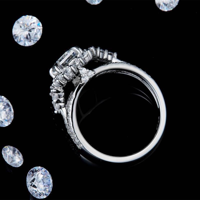 Y臂豪华祖母绿切Women's RingS925银镀白金定制选款主石Moissanite1.0ct/副石高碳钻