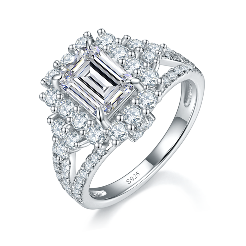 Y臂豪华祖母绿切Women's RingS925银镀白金定制选款主石Moissanite1.0ct/副石高碳钻