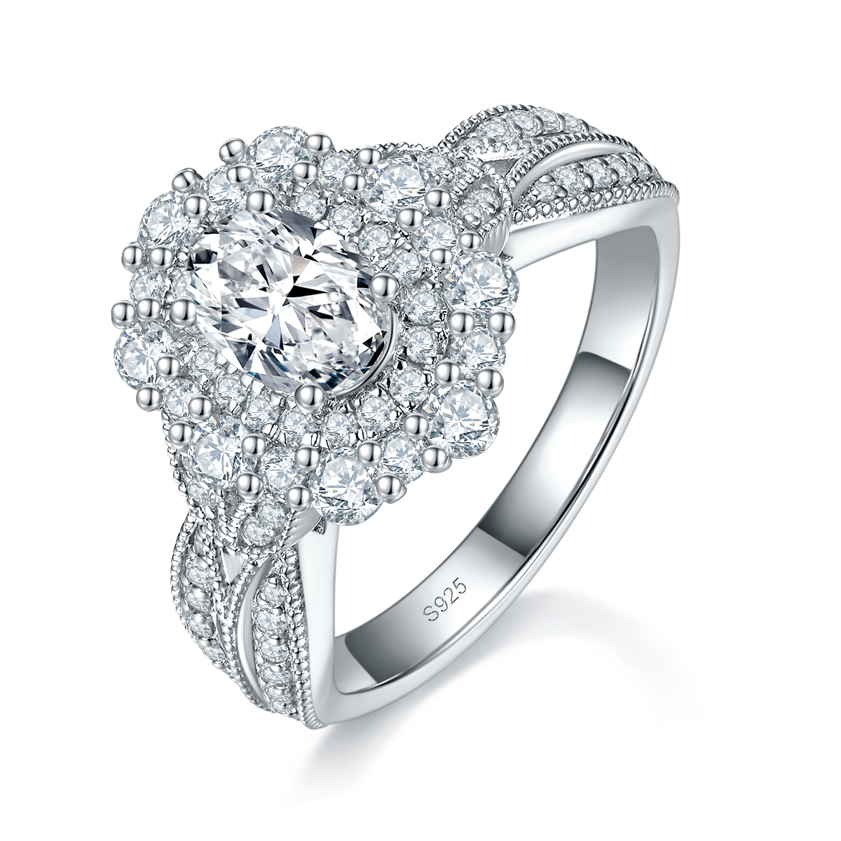 奢华款求婚蛋形女戒S925银镀白金定制选款主石莫桑钻1.0ct/副石高碳钻