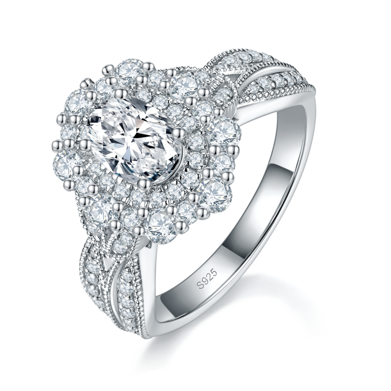 Luxury款求婚蛋形Women's RingS925银镀白金定制选款主石Moissanite1.0ct/副石高碳钻