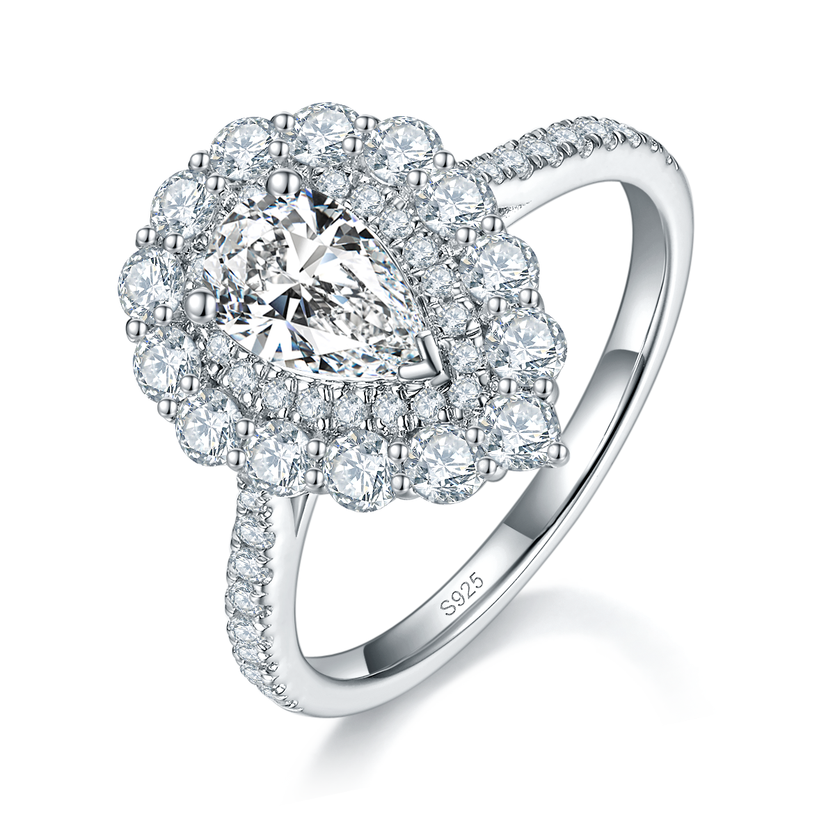 百搭微镶水滴女戒S925银镀白金定制选款主石莫桑钻1.0ct/副石高碳钻